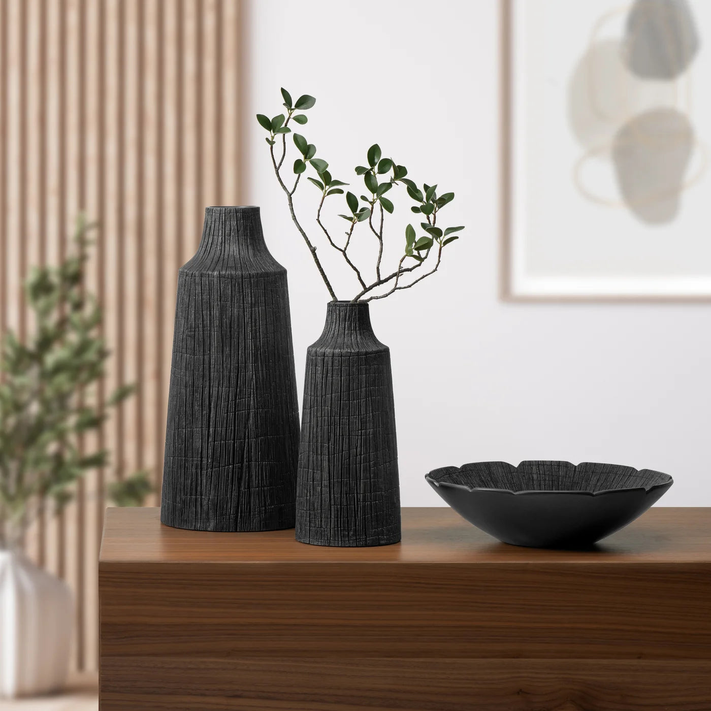 Petra Etched Line 12h" Resin Vase - Black
